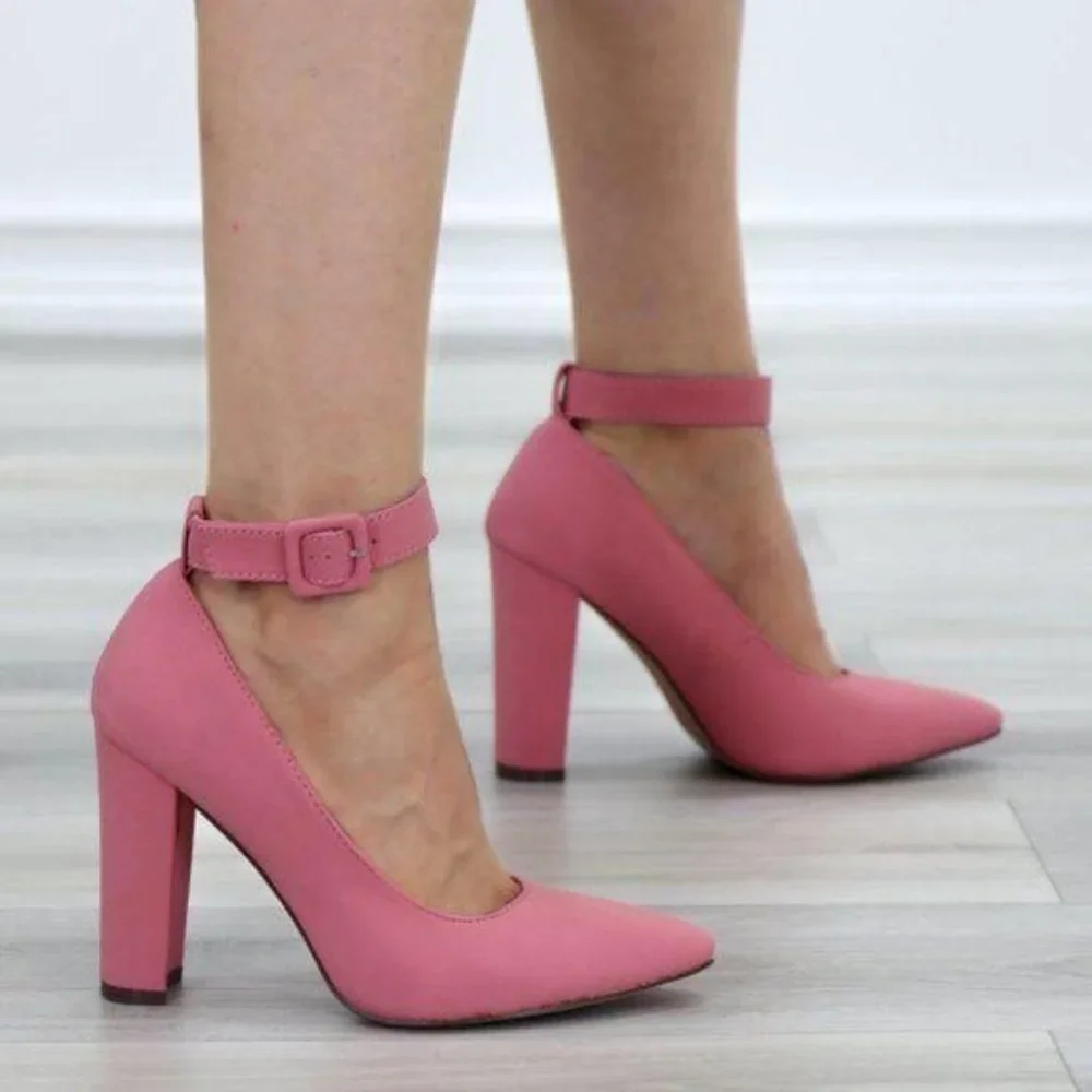 Pink Pointy Toe Ankle Brace Buckle Heels - Picture 4 of 9